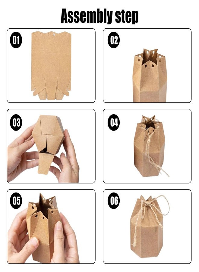 Odowalker 50 Pcs Lantern Hexagon Kraft Paper Package Box with Twine, Paper Candy Boxes, Gift Wrap Boxes for Birthday Wedding Christmas Part(Brown) - Image 3